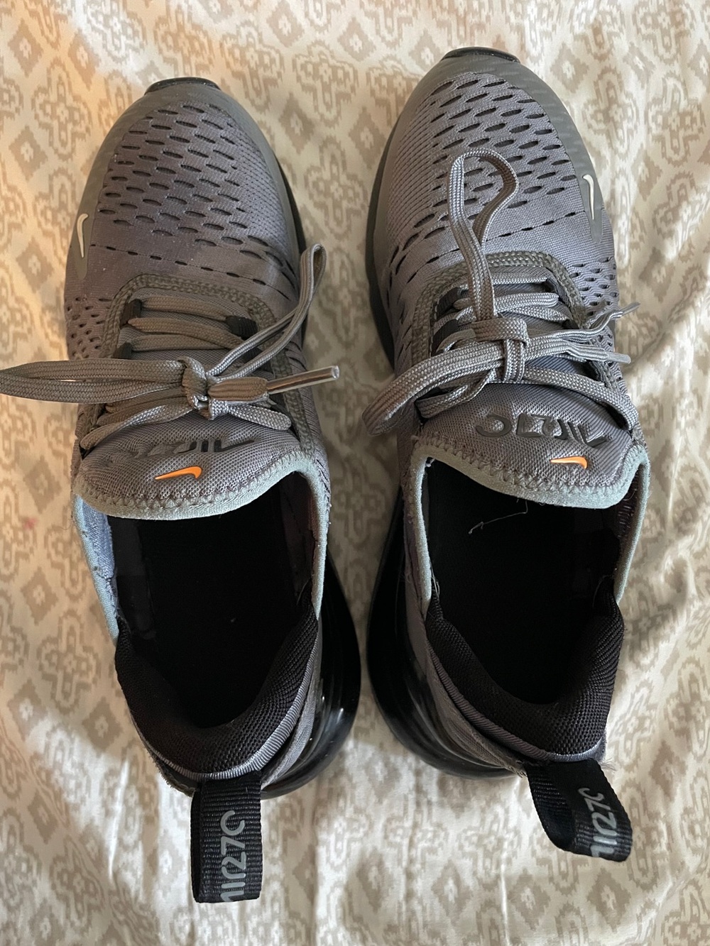 Nike Air 270 Gray and Black Sneakers with Orange Swoosh Accent